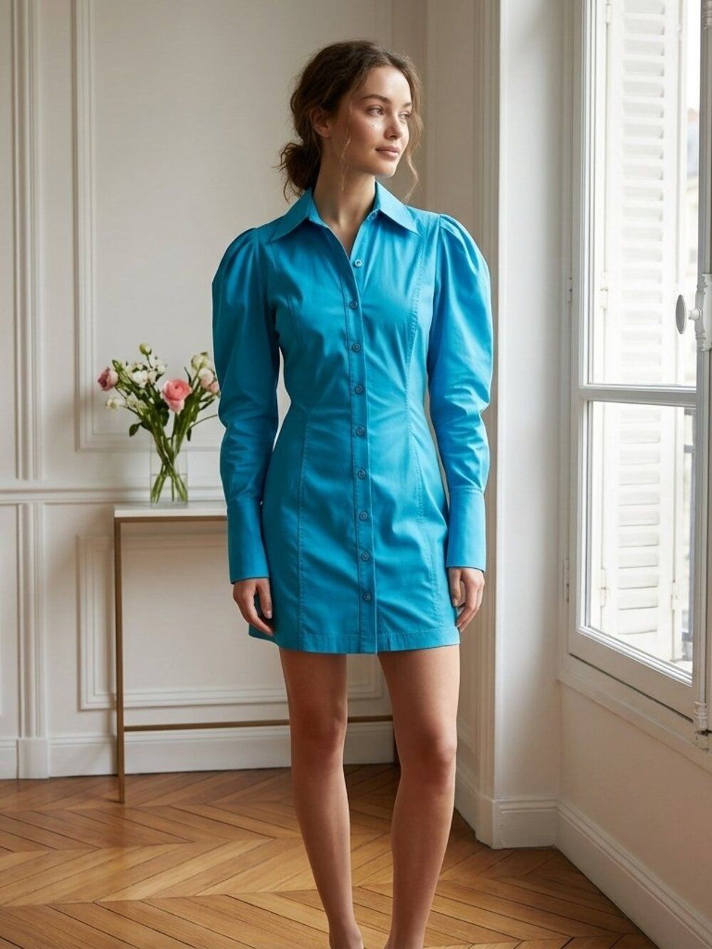 NWT Zara Peacock Blue Button Up Dress Fitted French Cuff Long Sleeve S